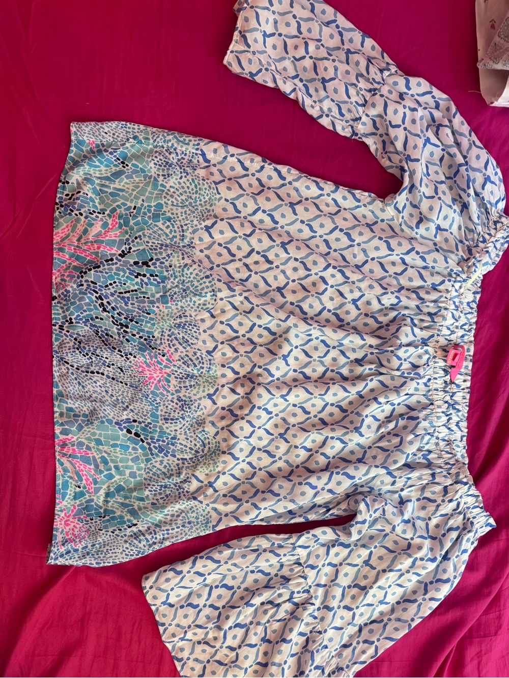 Printed Off-Shoulder Peasant Blouse in Blue, White & Pink